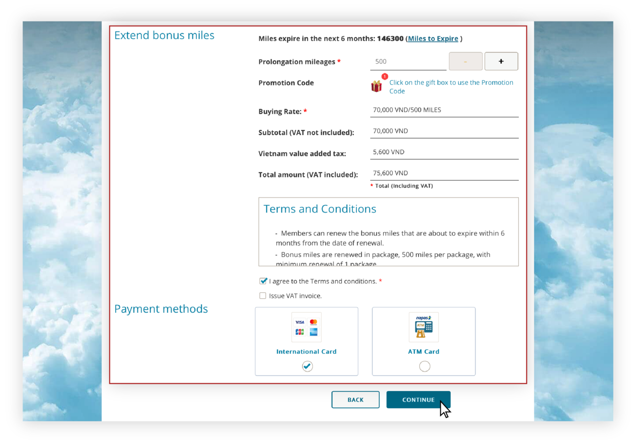 Instructions for extending bonus miles on the website 4.